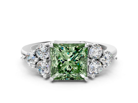 White gold Fancy Green Princess Cut Brilliant Diamond Cluster Accent Solitaire Ring with Prong Setting