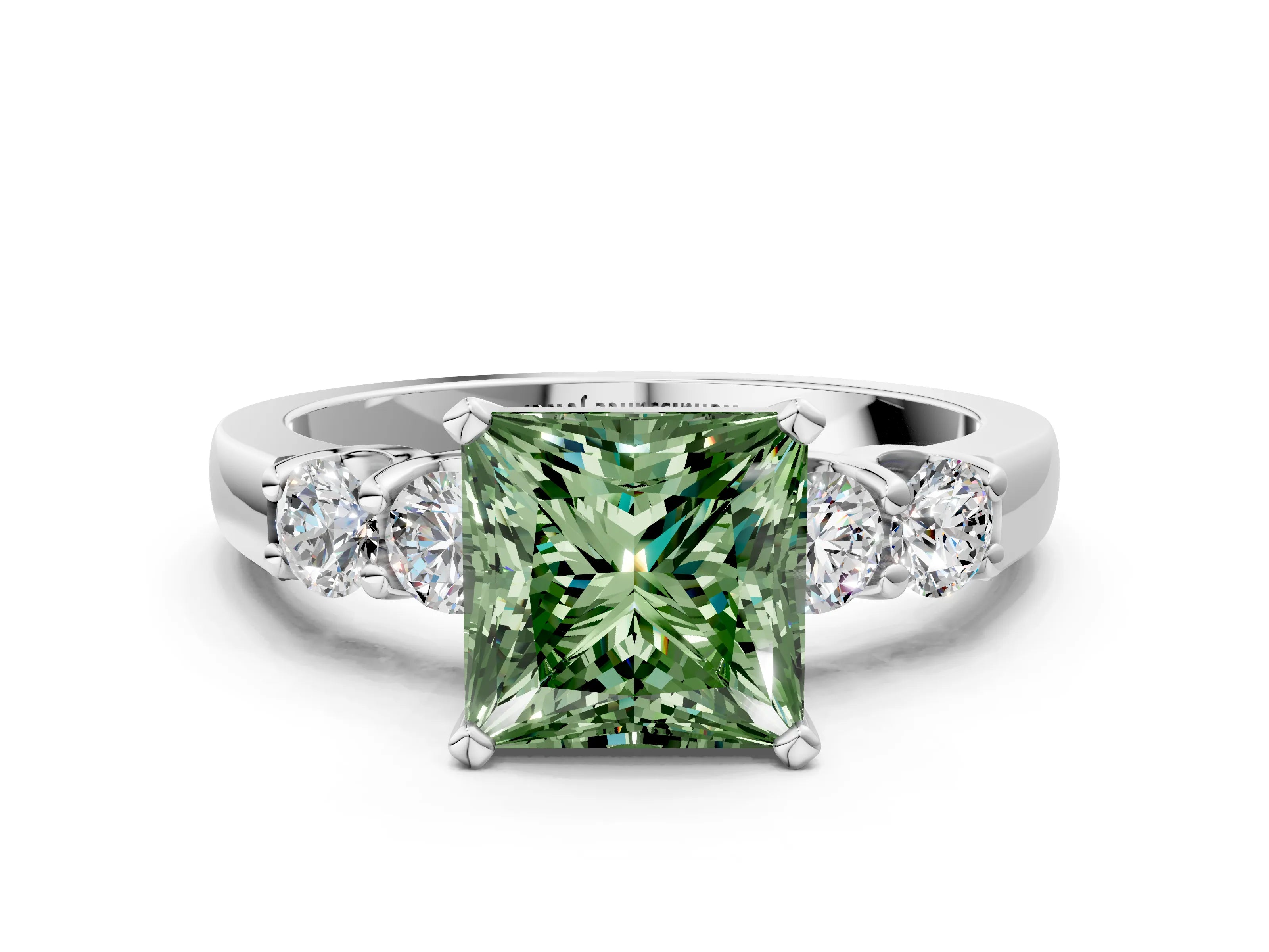 White gold Fancy Green Princess Cut Brilliant Diamond Five-Stone Engagement Ring with Prong Setting on a Classic Band_3