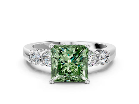 White gold Fancy Green Princess Cut Brilliant Diamond Five-Stone Engagement Ring with Prong Setting on a Classic Band_3
