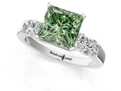 White gold Fancy Green Princess Cut Brilliant Diamond Five-Stone Engagement Ring with Prong Setting on a Classic Band_4