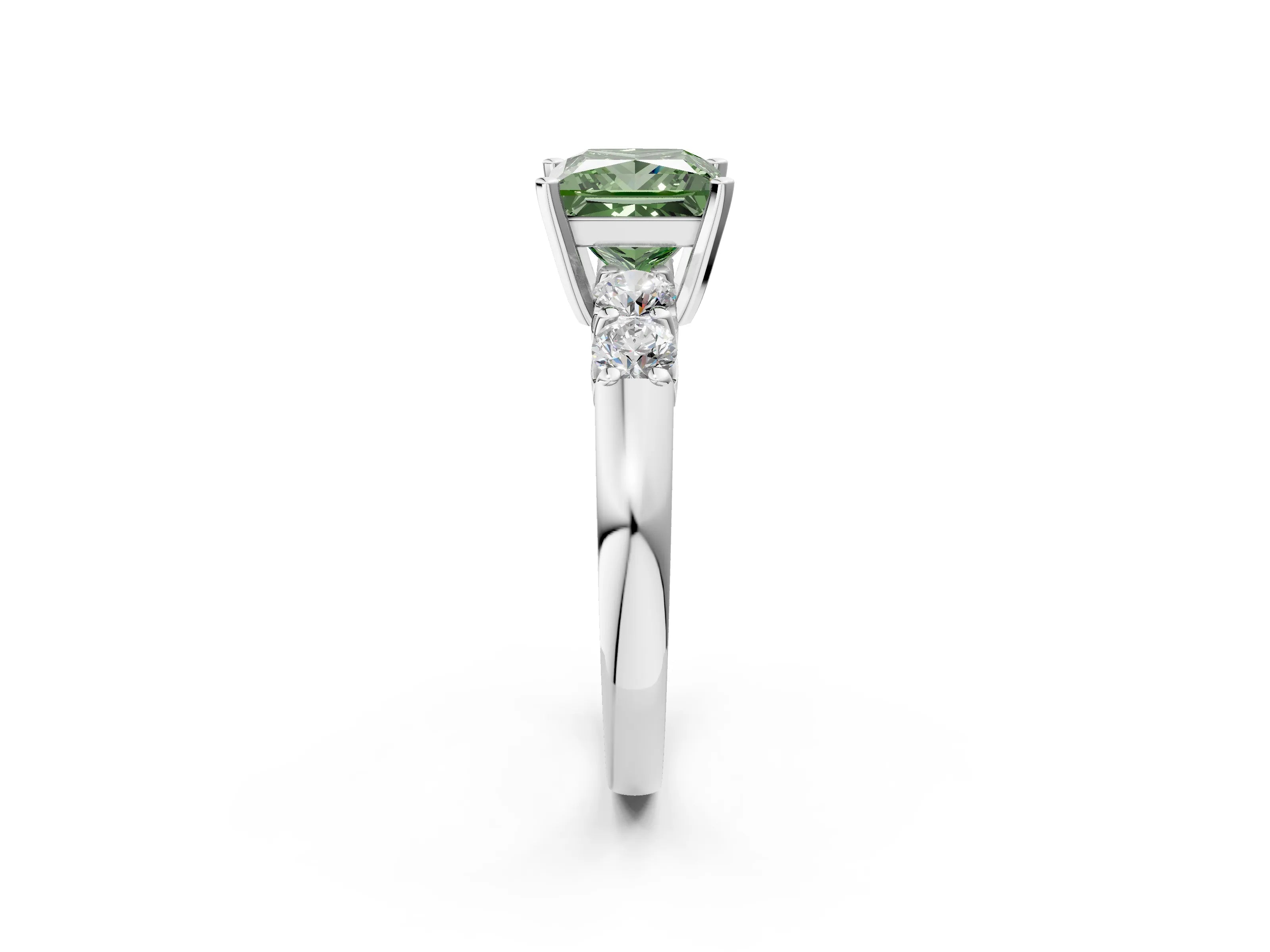White gold Fancy Green Princess Cut Brilliant Diamond Five-Stone Engagement Ring with Prong Setting on a Classic Band_5