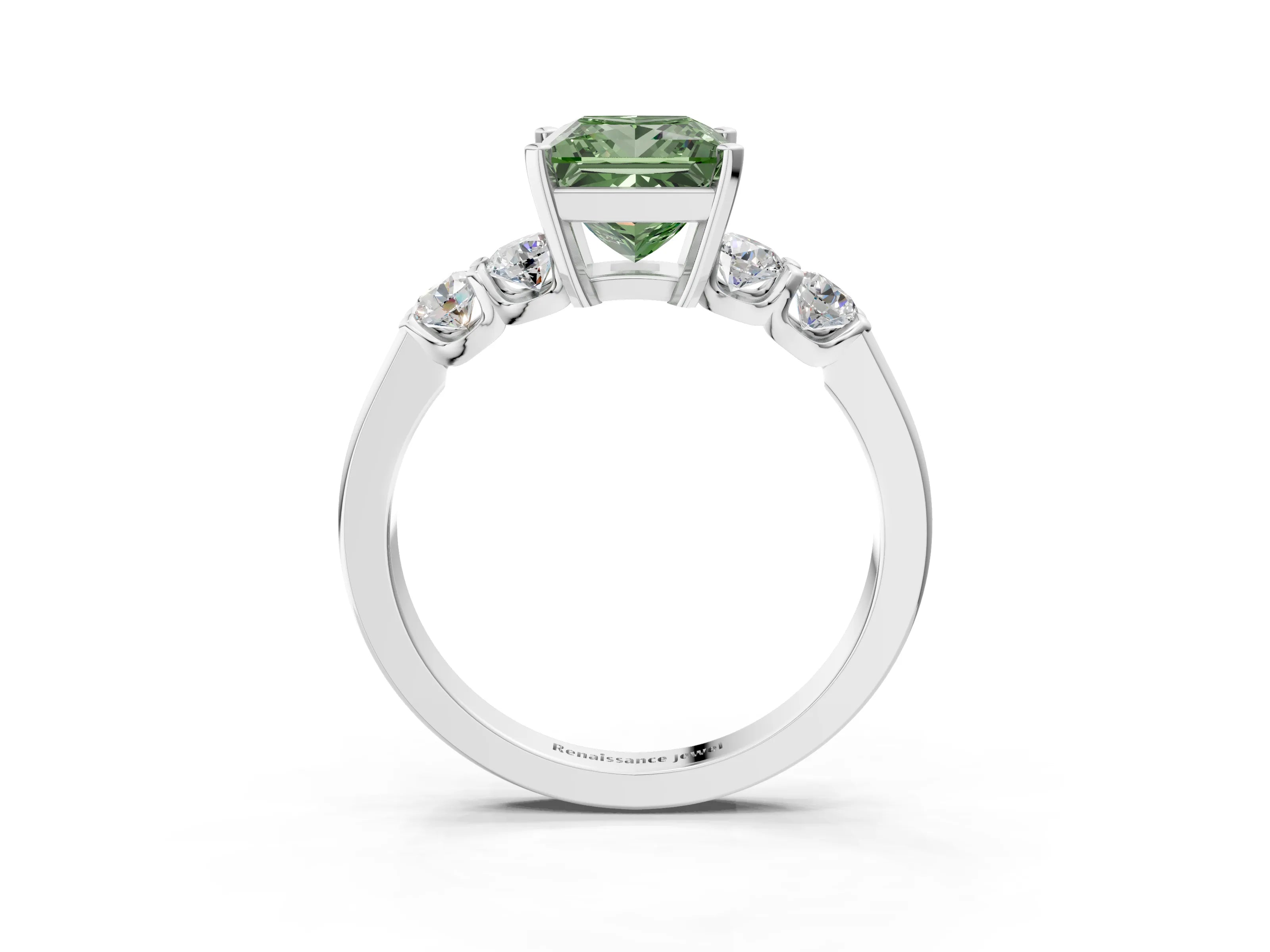 White gold Fancy Green Princess Cut Brilliant Diamond Five-Stone Engagement Ring with Prong Setting on a Classic Band_6