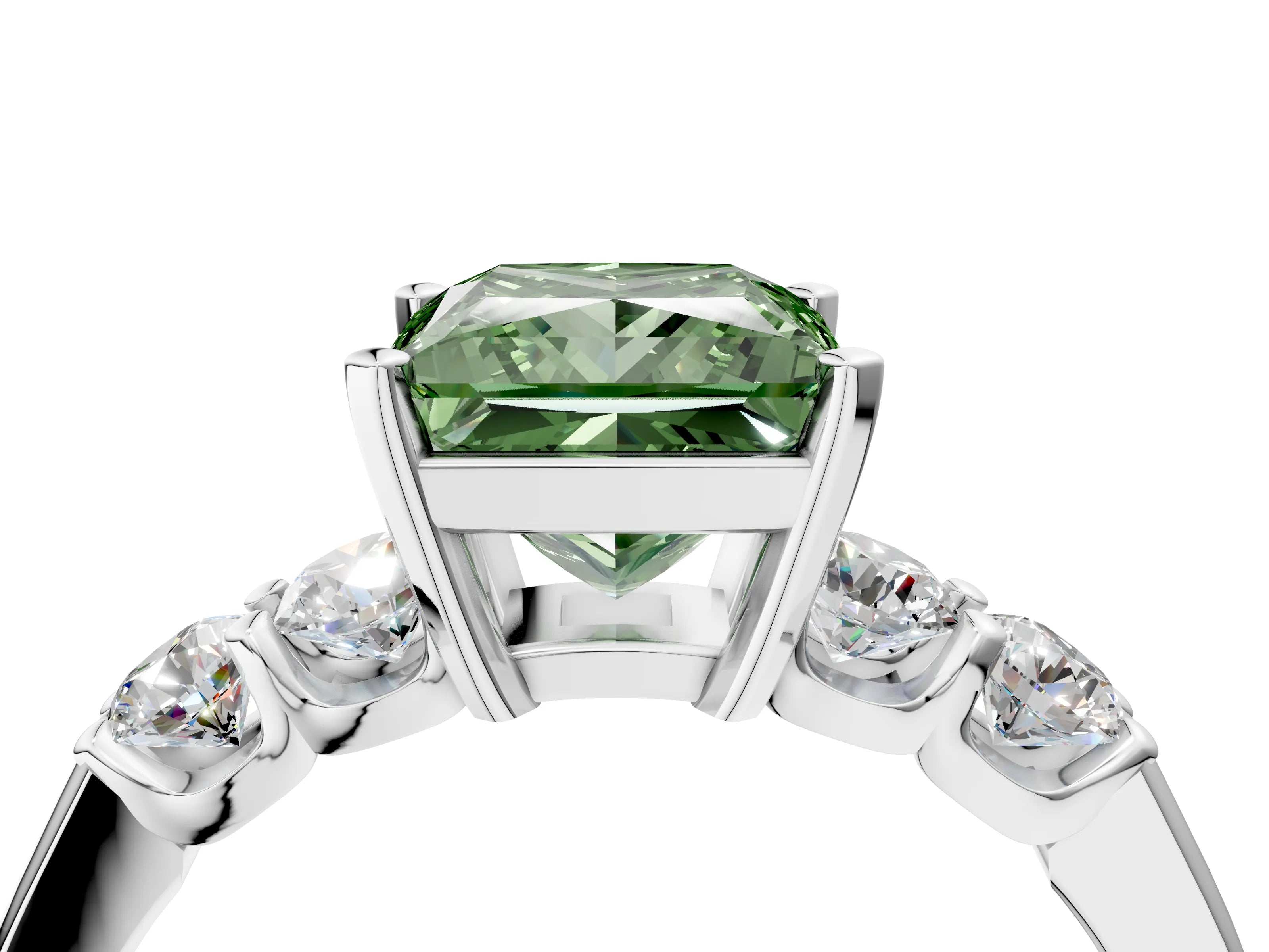 White gold Fancy Green Princess Cut Brilliant Diamond Five-Stone Engagement Ring with Prong Setting on a Classic Band_7