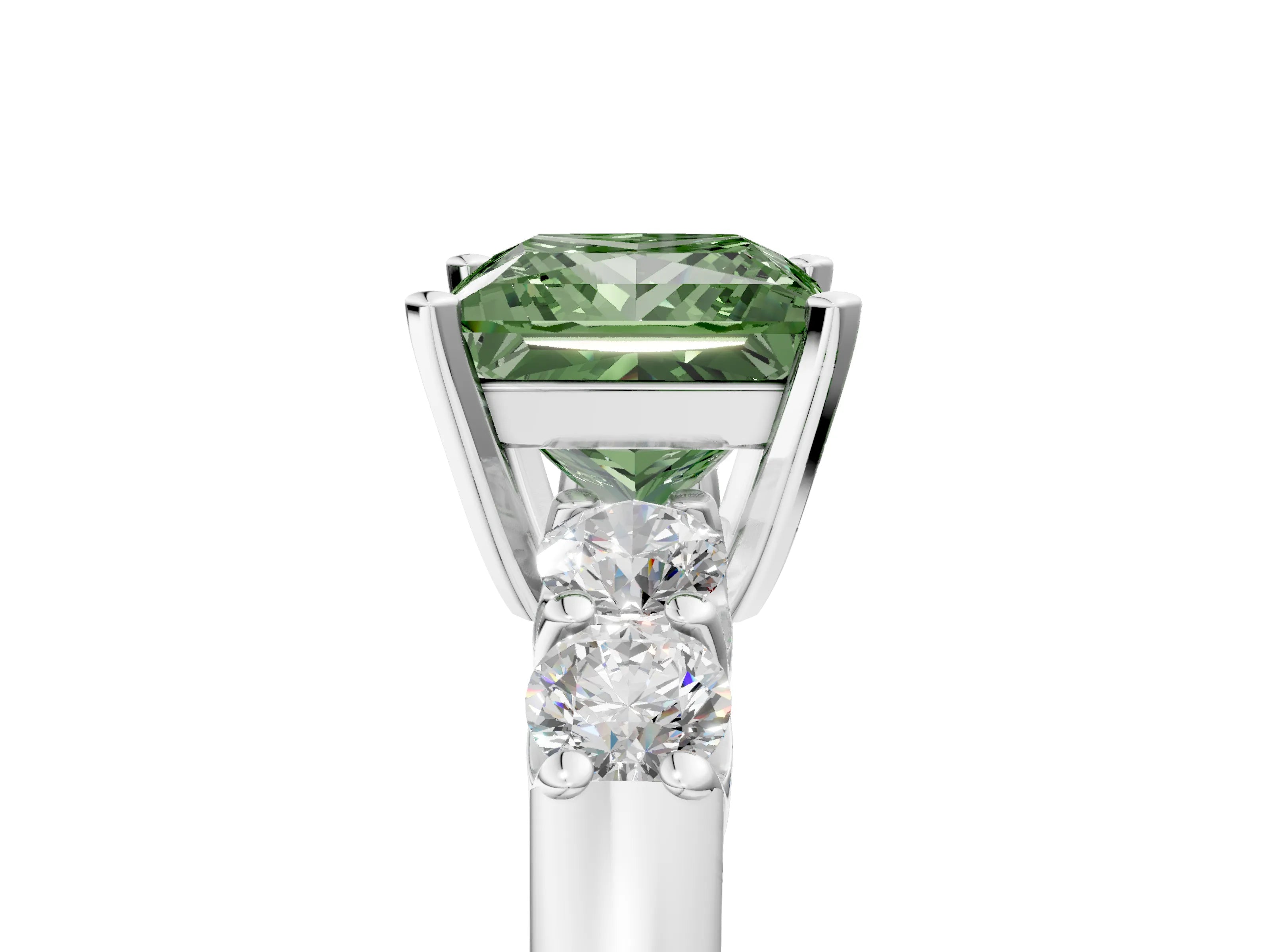 White gold Fancy Green Princess Cut Brilliant Diamond Five-Stone Engagement Ring with Prong Setting on a Classic Band_8