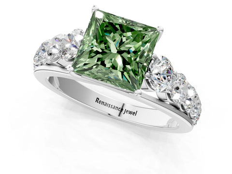White gold Fancy Green Princess Cut Brilliant Diamond Pavé Band with Six-Prong Setting_1
