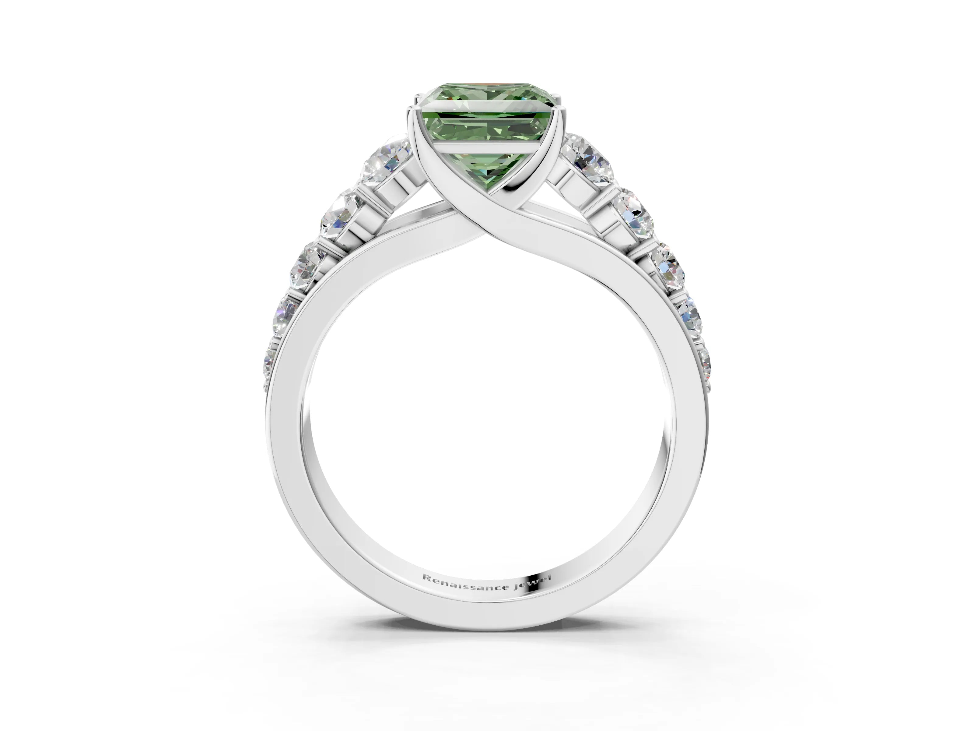 White gold Fancy Green Princess Cut Brilliant Diamond Pavé Band with Six-Prong Setting_3