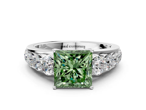 White gold Fancy Green Princess Cut Brilliant Diamond Pavé Band with Six-Prong Setting