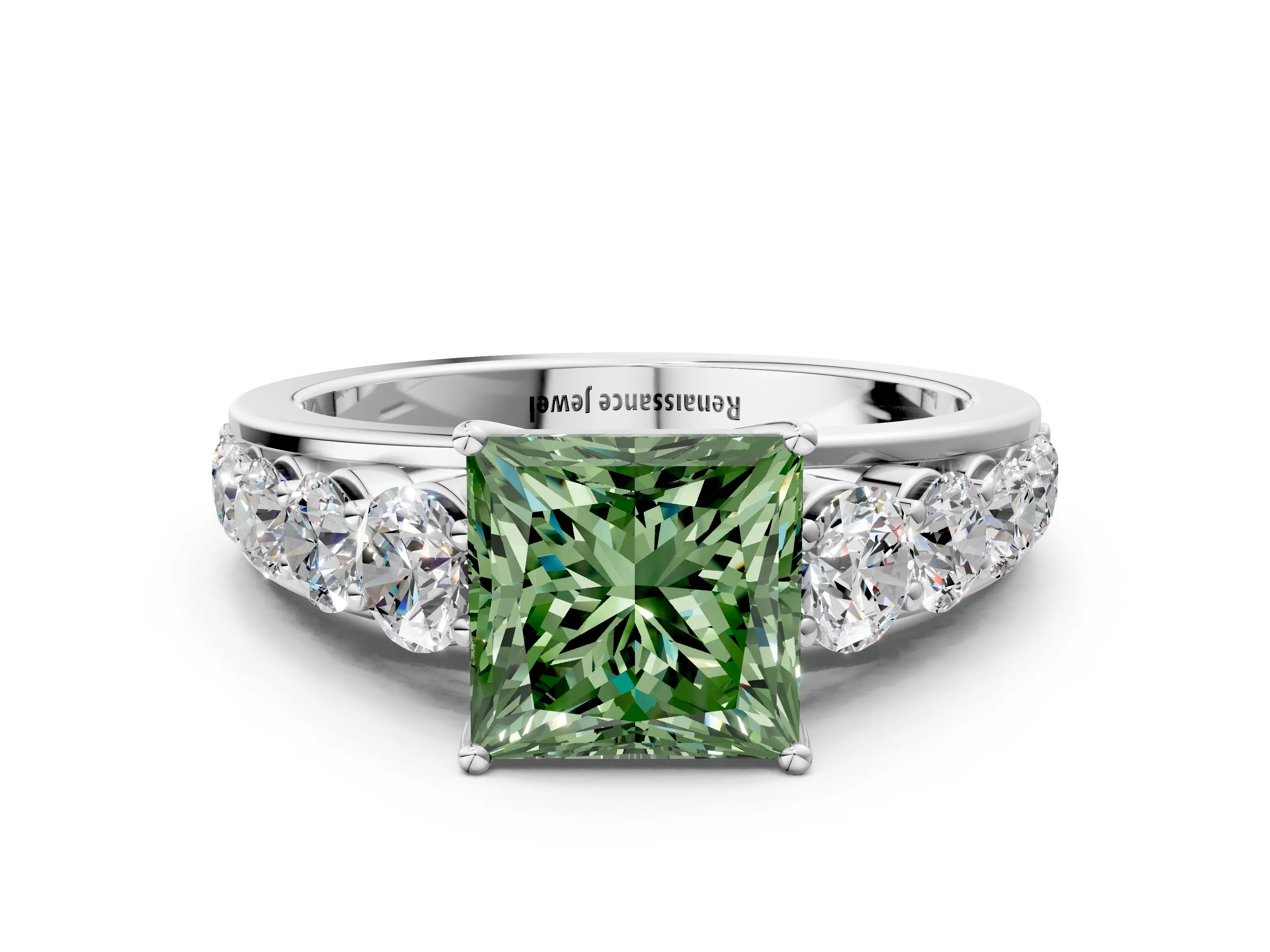 White gold Fancy Green Princess Cut Brilliant Diamond Pavé Band with Six-Prong Setting