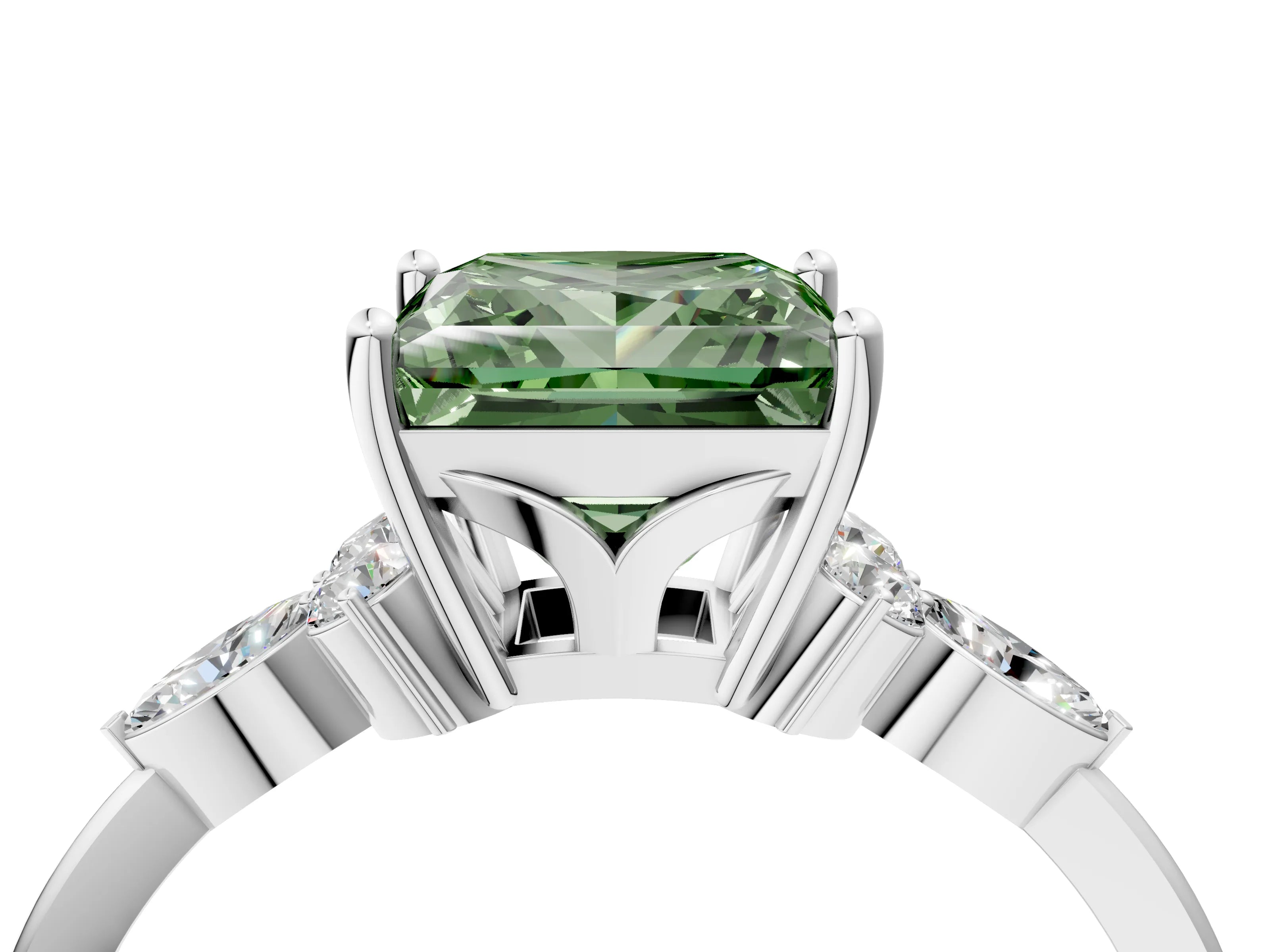 White gold Fancy Green Princess Cut Brilliant Diamond Solitaire Ring with Pear Side Stones and Four-Prong Setting_10