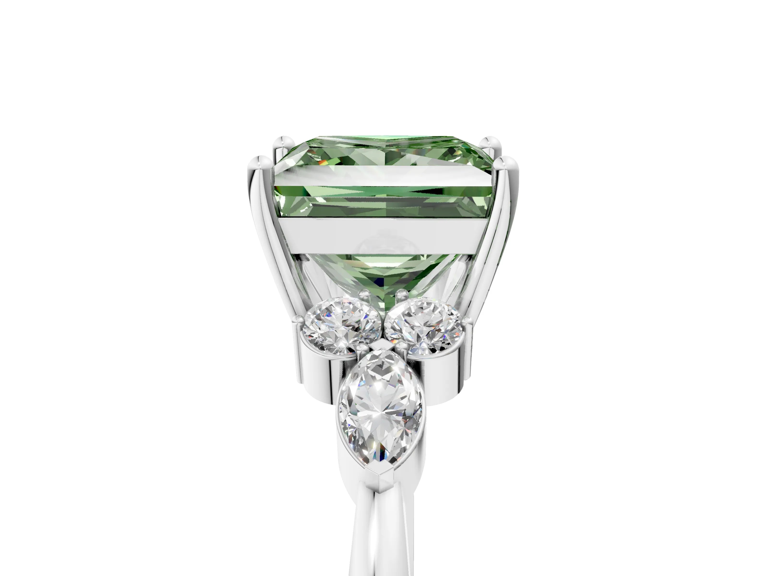 White gold Fancy Green Princess Cut Brilliant Diamond Solitaire Ring with Pear Side Stones and Four-Prong Setting_11
