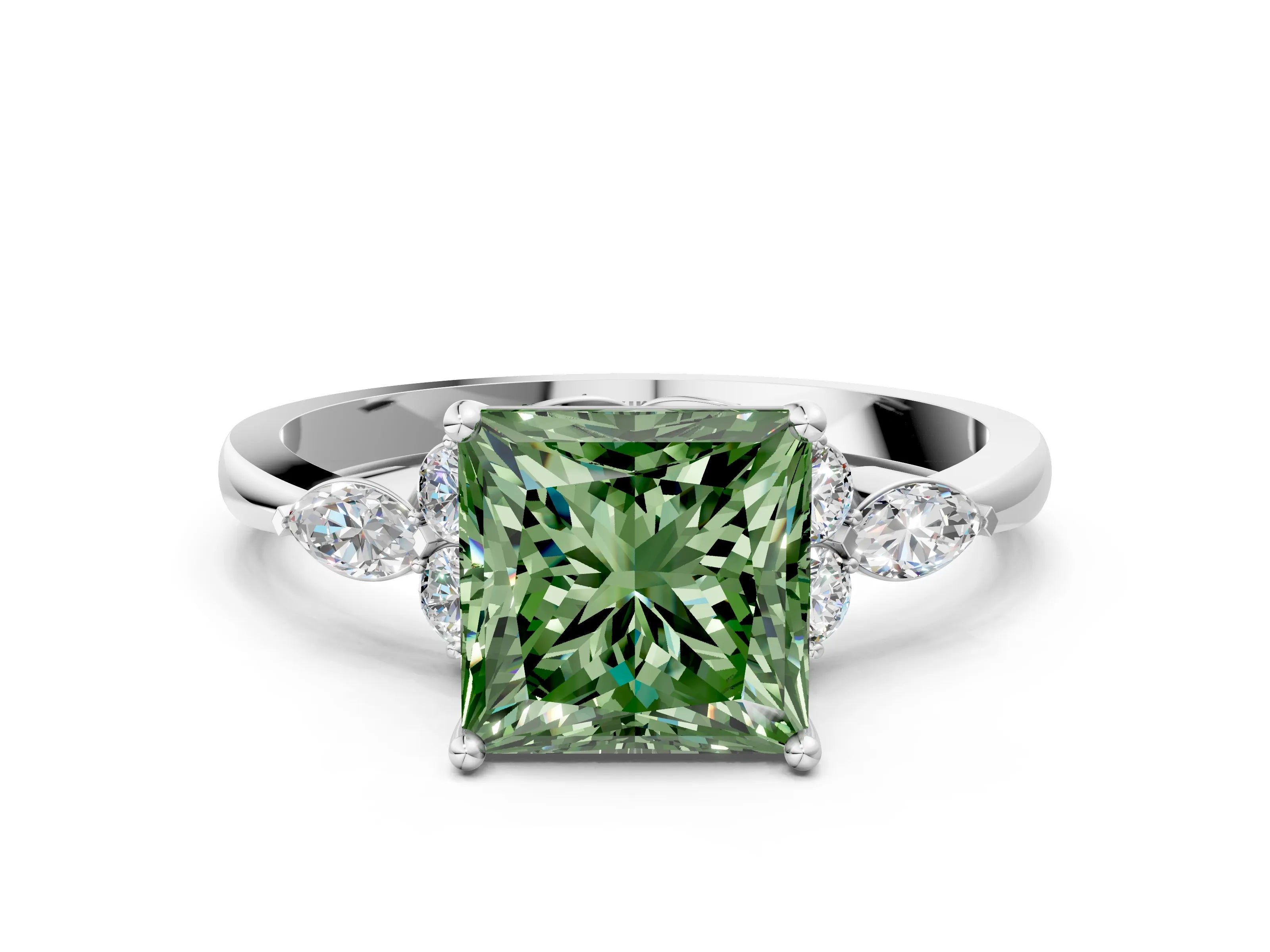 White gold Fancy Green Princess Cut Brilliant Diamond Solitaire Ring with Pear Side Stones and Four-Prong Setting_6