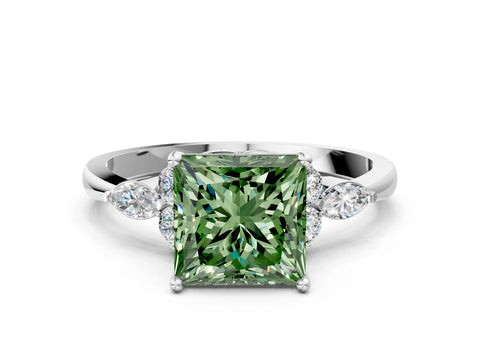 White gold Fancy Green Princess Cut Brilliant Diamond Solitaire Ring with Pear Side Stones and Four-Prong Setting_6