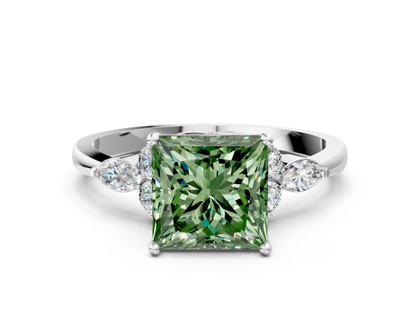 White gold Fancy Green Princess Cut Brilliant Diamond Solitaire Ring with Pear Side Stones and Four-Prong Setting