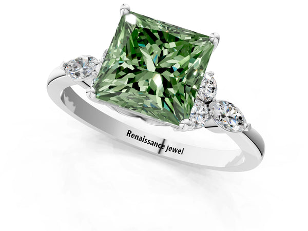 White gold Fancy Green Princess Cut Brilliant Diamond Solitaire Ring with Pear Side Stones and Four-Prong Setting