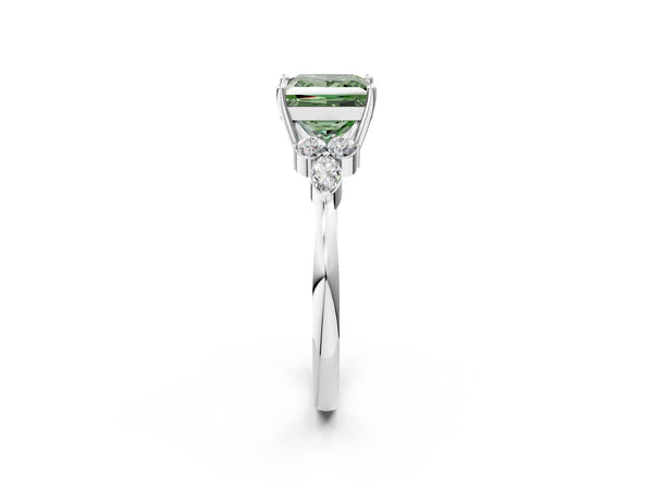 White gold Fancy Green Princess Cut Brilliant Diamond Solitaire Ring with Pear Side Stones and Four-Prong Setting