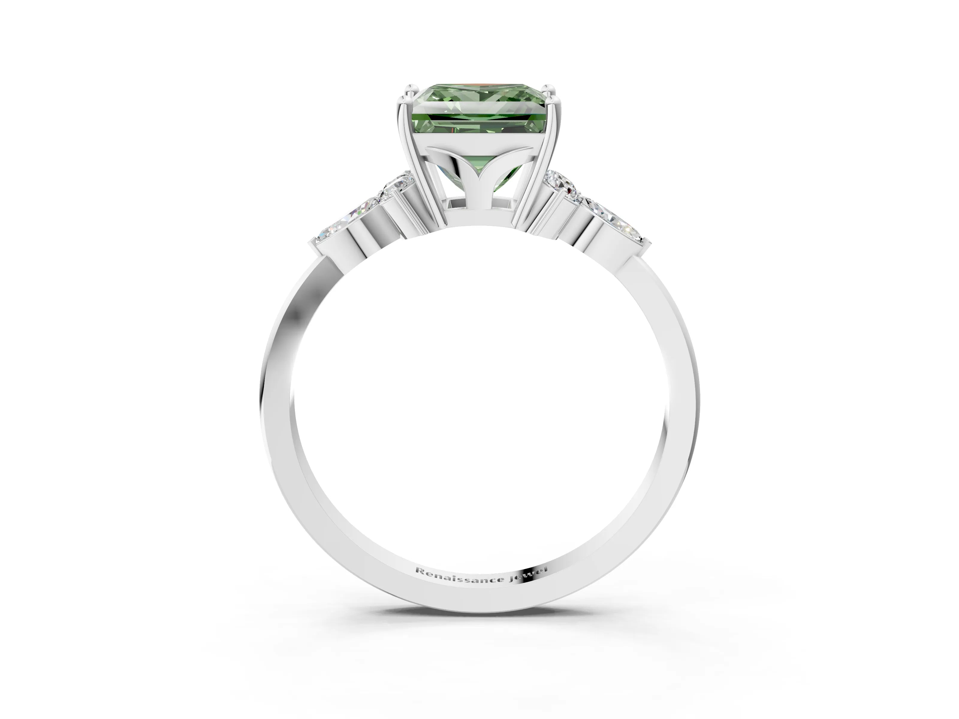 White gold Fancy Green Princess Cut Brilliant Diamond Solitaire Ring with Pear Side Stones and Four-Prong Setting_9