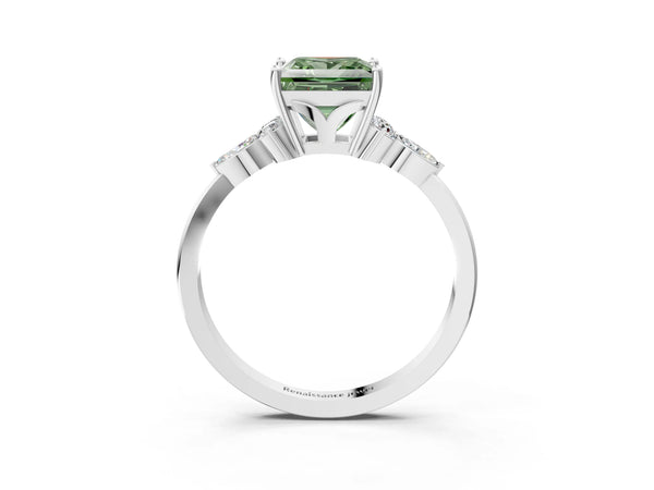 White gold Fancy Green Princess Cut Brilliant Diamond Solitaire Ring with Pear Side Stones and Four-Prong Setting