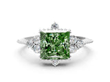 White gold Fancy Green Princess Cut Brilliant Diamond with Cluster Setting on a Beaded Band and Four-Prong Setting