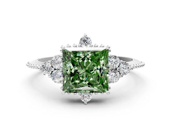 Platinum Fancy Green Princess Cut Brilliant Diamond with Cluster Setting on a Beaded Band and Four-Prong Setting