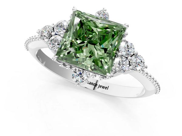Platinum Fancy Green Princess Cut Brilliant Diamond with Cluster Setting on a Beaded Band and Four-Prong Setting