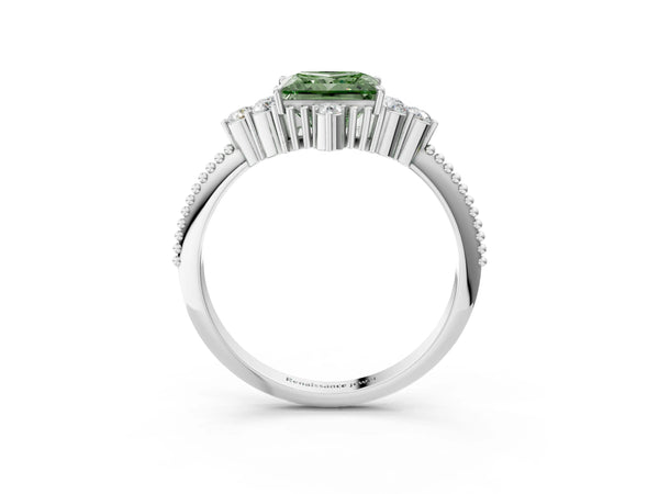 Platinum Fancy Green Princess Cut Brilliant Diamond with Cluster Setting on a Beaded Band and Four-Prong Setting