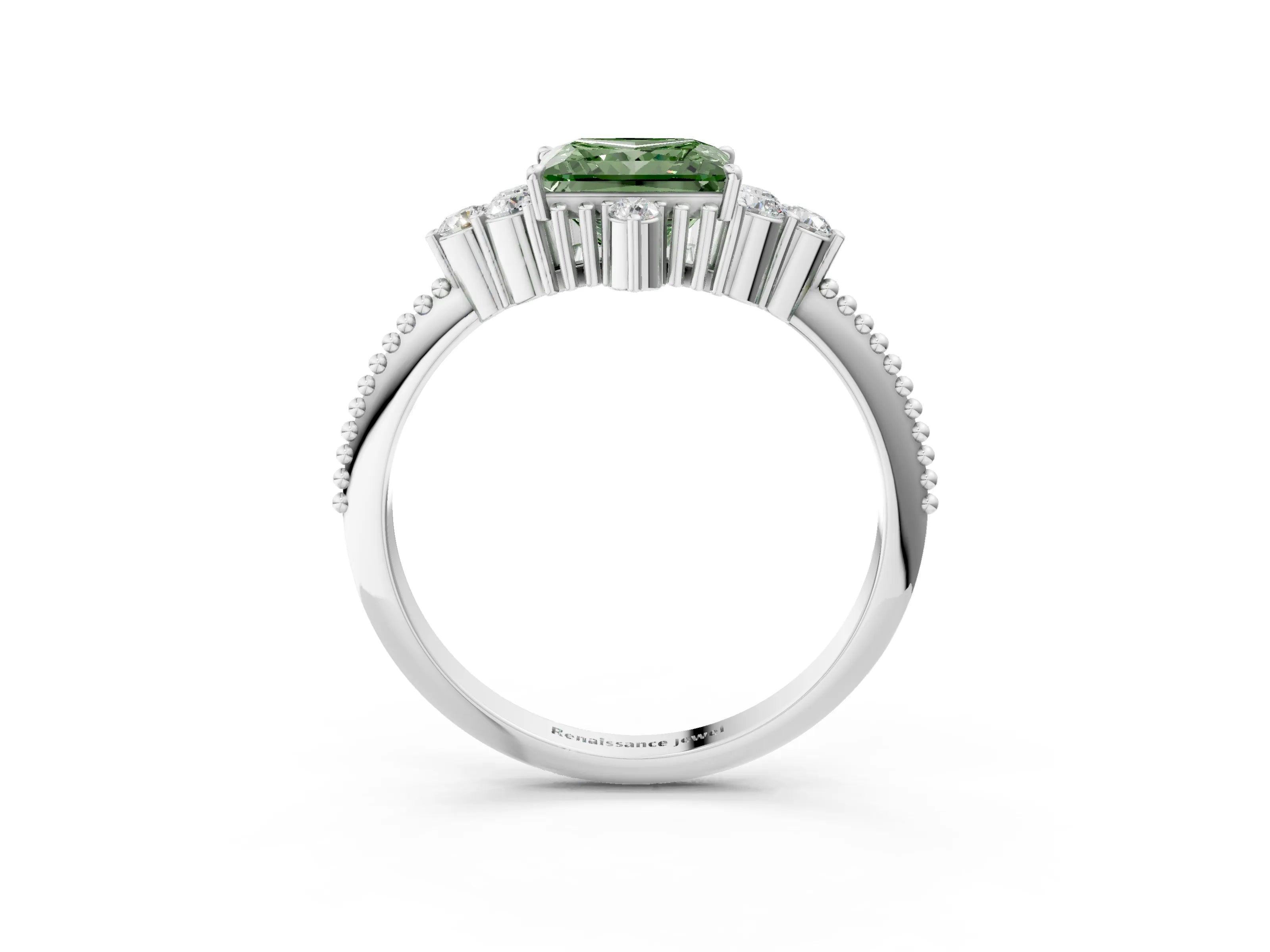 White gold Fancy Green Princess Cut Brilliant Diamond with Cluster Setting on a Beaded Band and Four-Prong Setting_21