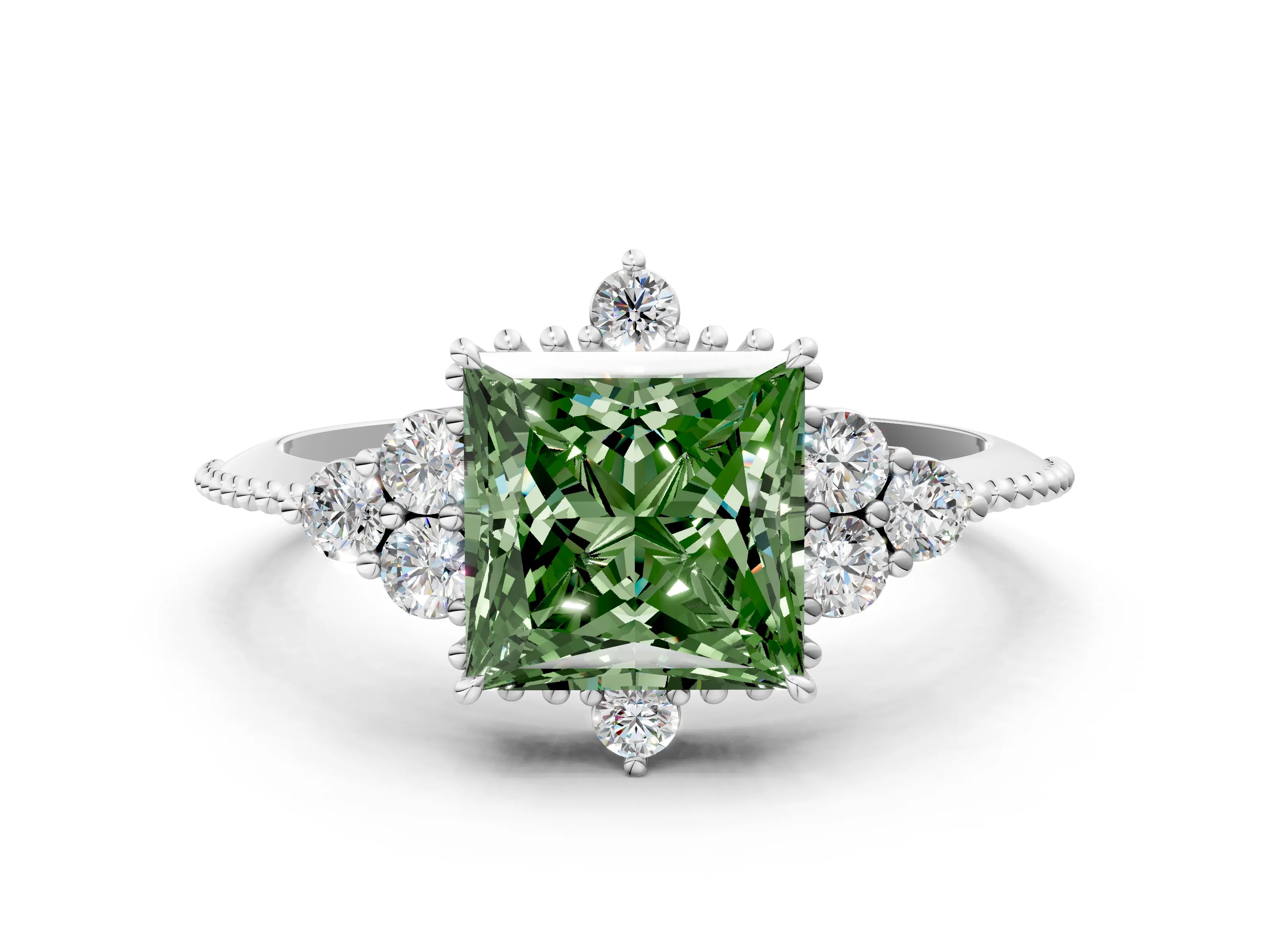 White gold Fancy Green Princess Cut Brilliant Diamond with Cluster Setting on a Beaded Band and Four-Prong Setting