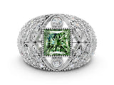 White gold Fancy Green Princess Cut Brilliant Halo Pave Diamond Milgrain Ring