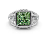 White gold Fancy Green Princess Cut Brilliant Milgrain Filigree Diamond Ring with Square Prong Setting_12
