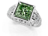 White gold Fancy Green Princess Cut Brilliant Milgrain Filigree Diamond Ring with Square Prong Setting_13
