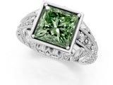 White gold Fancy Green Princess Cut Brilliant Milgrain Filigree Diamond Ring with Square Prong Setting_1