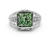 White gold Fancy Green Princess Cut Brilliant Milgrain Filigree Diamond Ring with Square Prong Setting