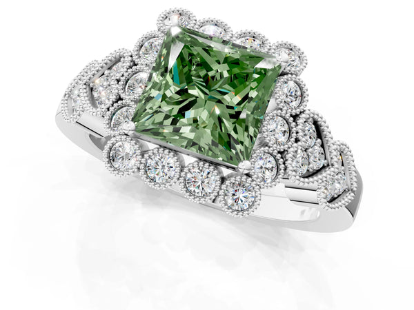 Platinum Fancy Green Princess Cut Brilliant Milgrain Pave Heart Band Solitaire Ring