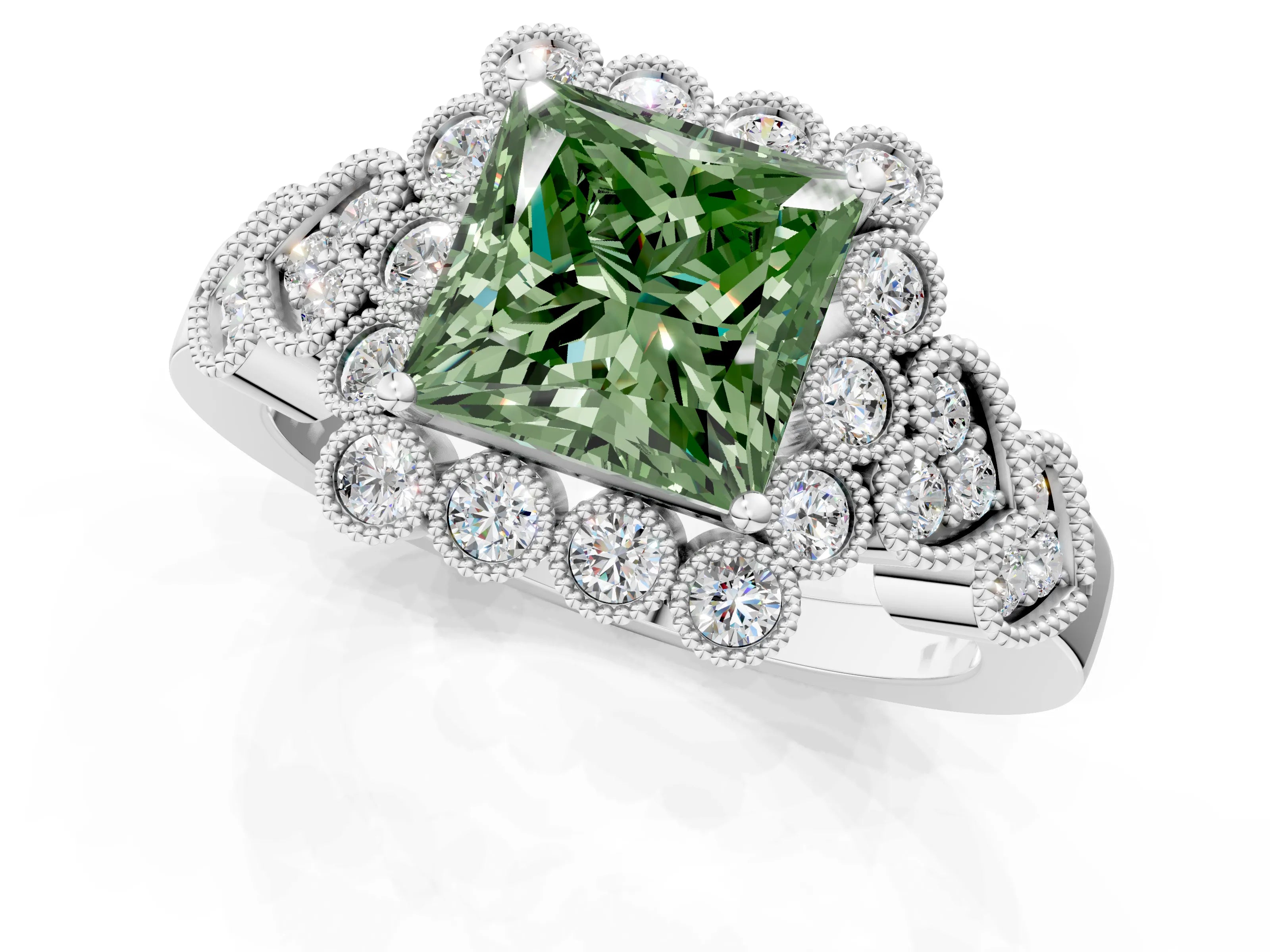 White gold Fancy Green Princess Cut Brilliant Milgrain Pave Heart Band Solitaire Ring_1