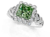 White gold Fancy Green Princess Cut Brilliant Milgrain Pave Heart Band Solitaire Ring_1