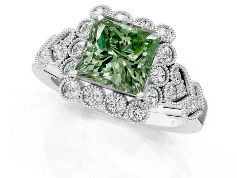 White gold Fancy Green Princess Cut Brilliant Milgrain Pave Heart Band Solitaire Ring_1