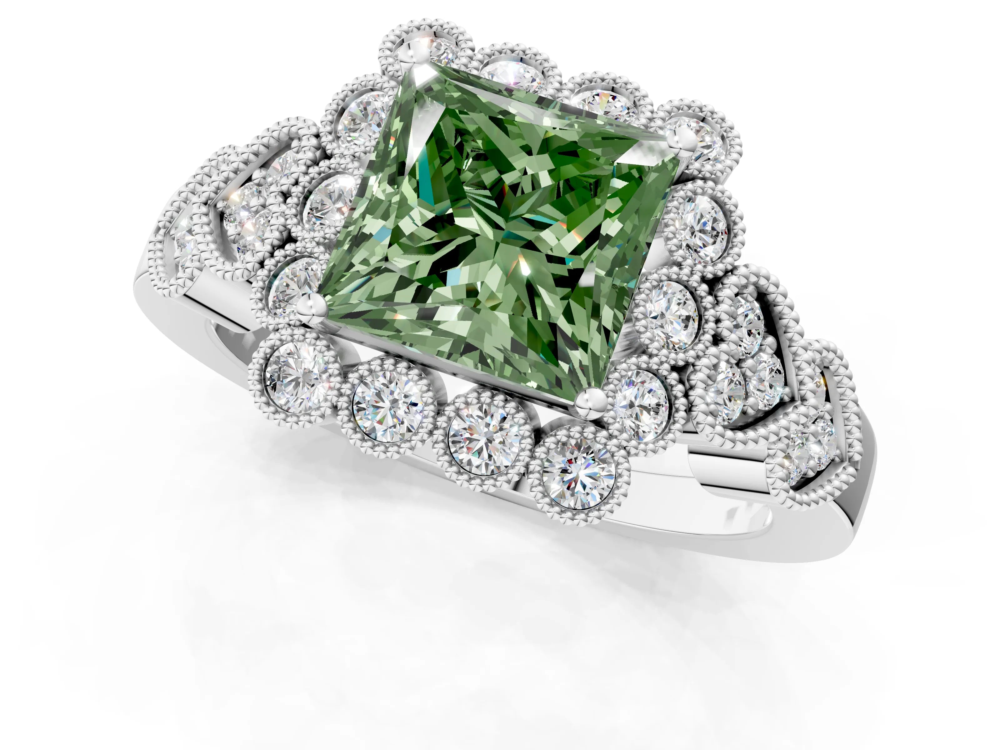 White gold Fancy Green Princess Cut Brilliant Milgrain Pave Heart Band Solitaire Ring_1