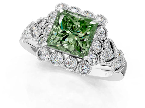 White gold Fancy Green Princess Cut Brilliant Milgrain Pave Heart Band Solitaire Ring_1