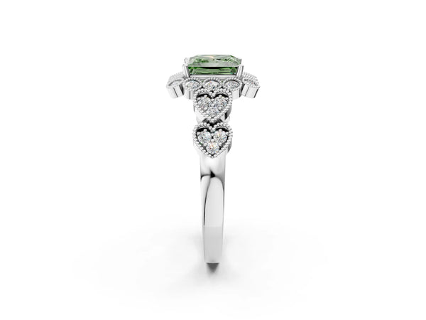 Platinum Fancy Green Princess Cut Brilliant Milgrain Pave Heart Band Solitaire Ring