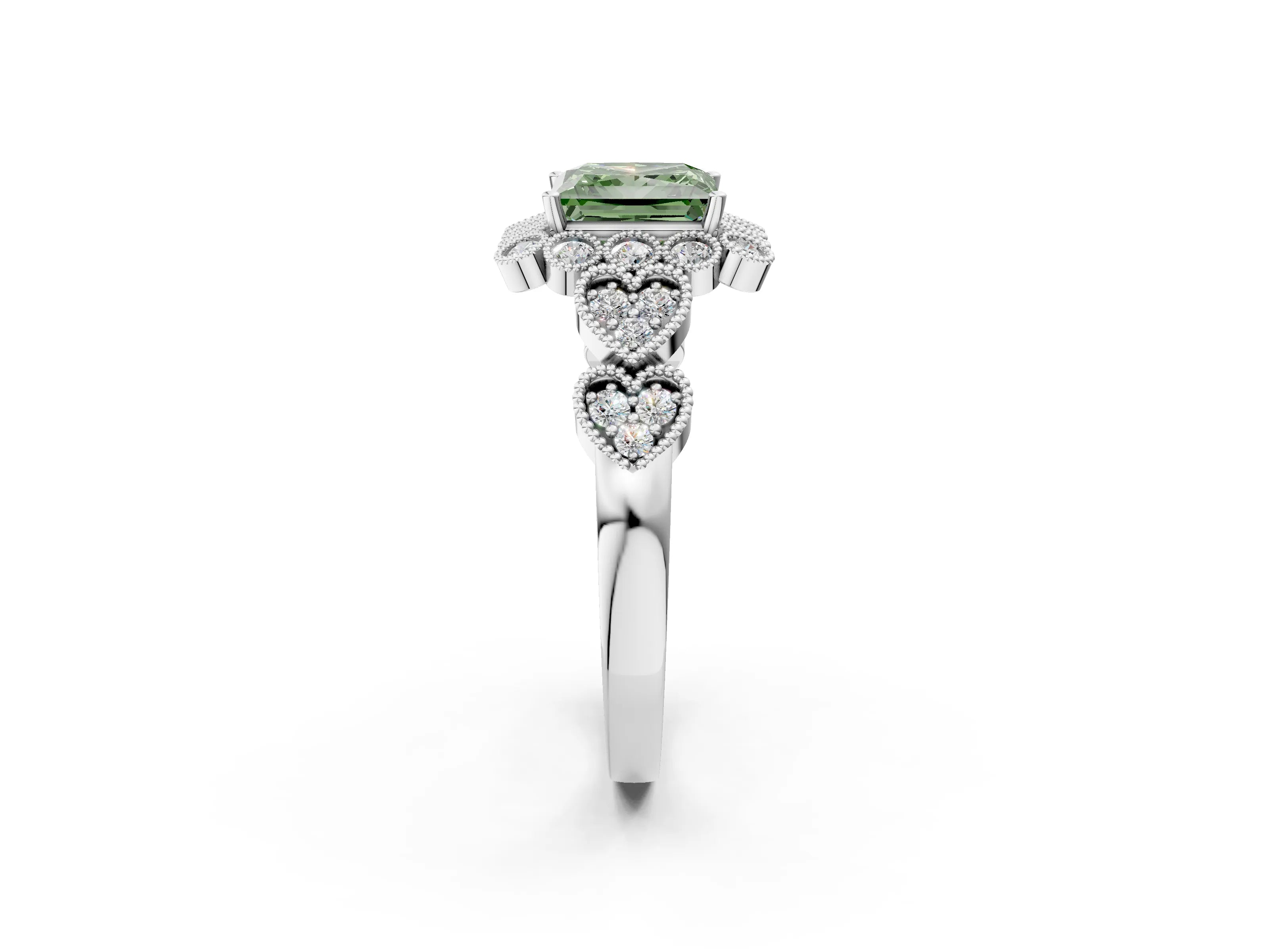White gold Fancy Green Princess Cut Brilliant Milgrain Pave Heart Band Solitaire Ring_2