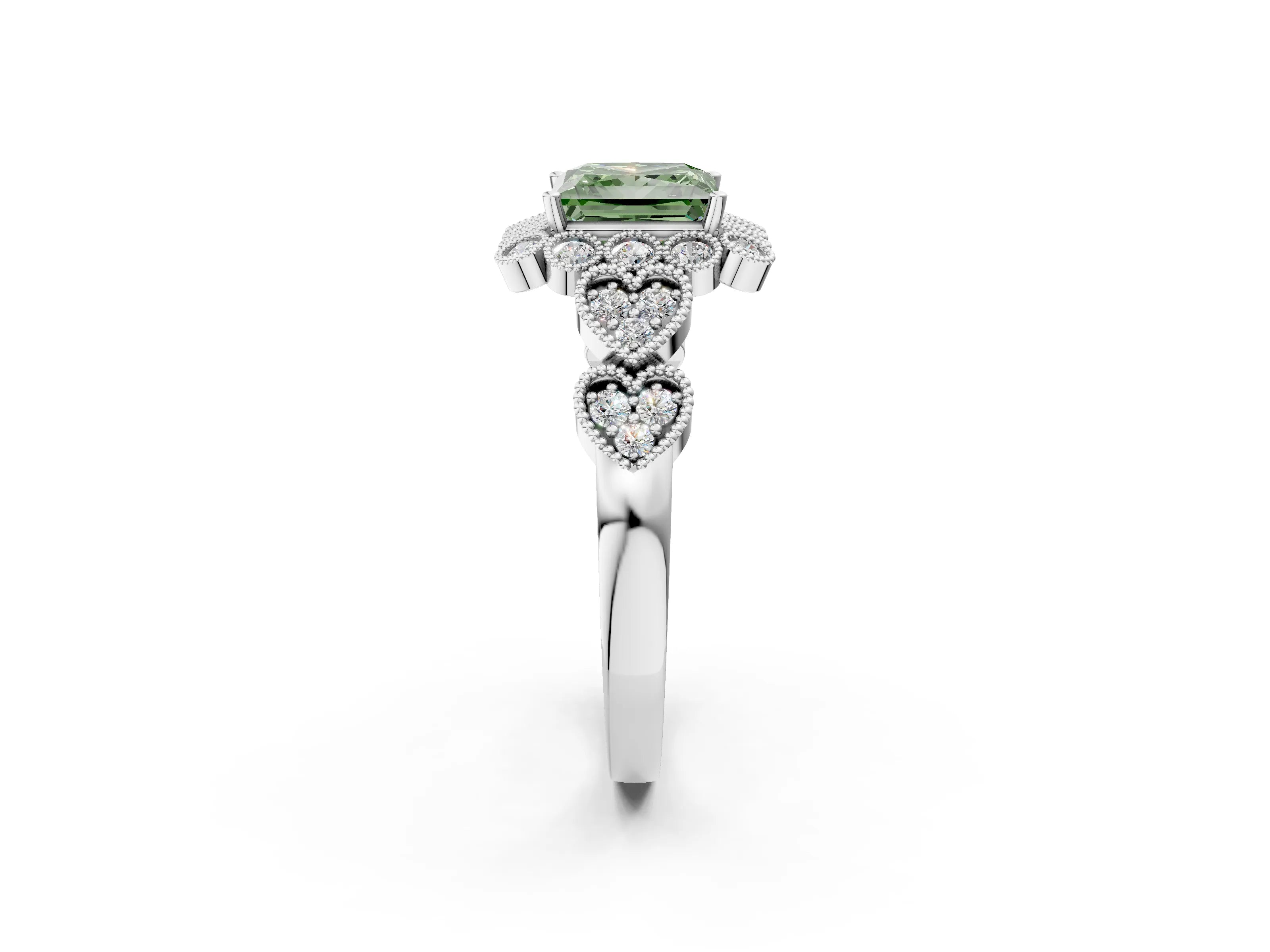 White gold Fancy Green Princess Cut Brilliant Milgrain Pave Heart Band Solitaire Ring_2