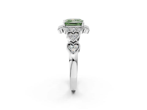 White gold Fancy Green Princess Cut Brilliant Milgrain Pave Heart Band Solitaire Ring_2