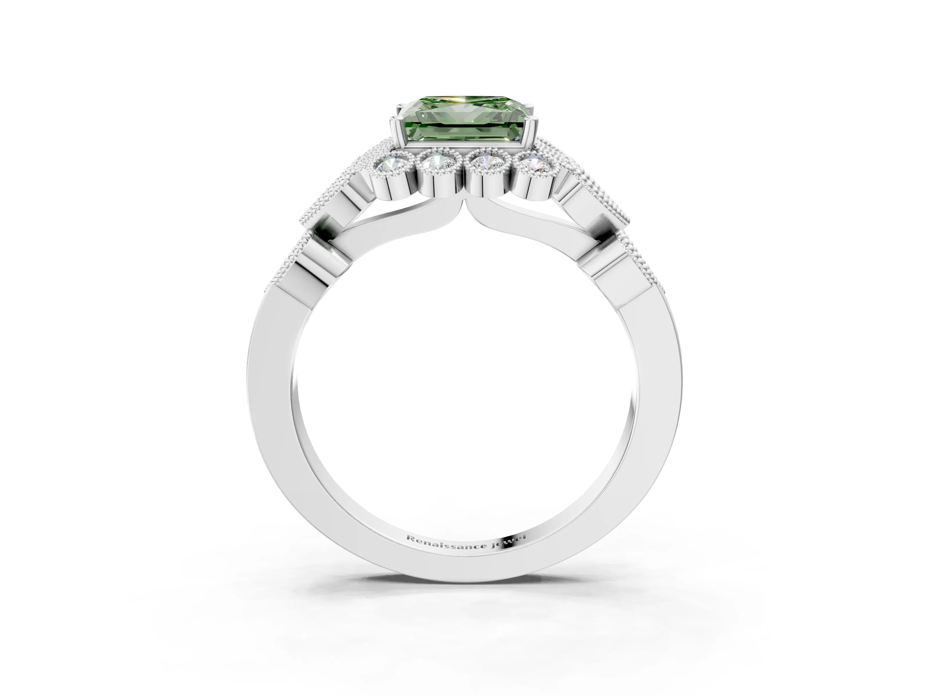 White gold Fancy Green Princess Cut Brilliant Milgrain Pave Heart Band Solitaire Ring_3