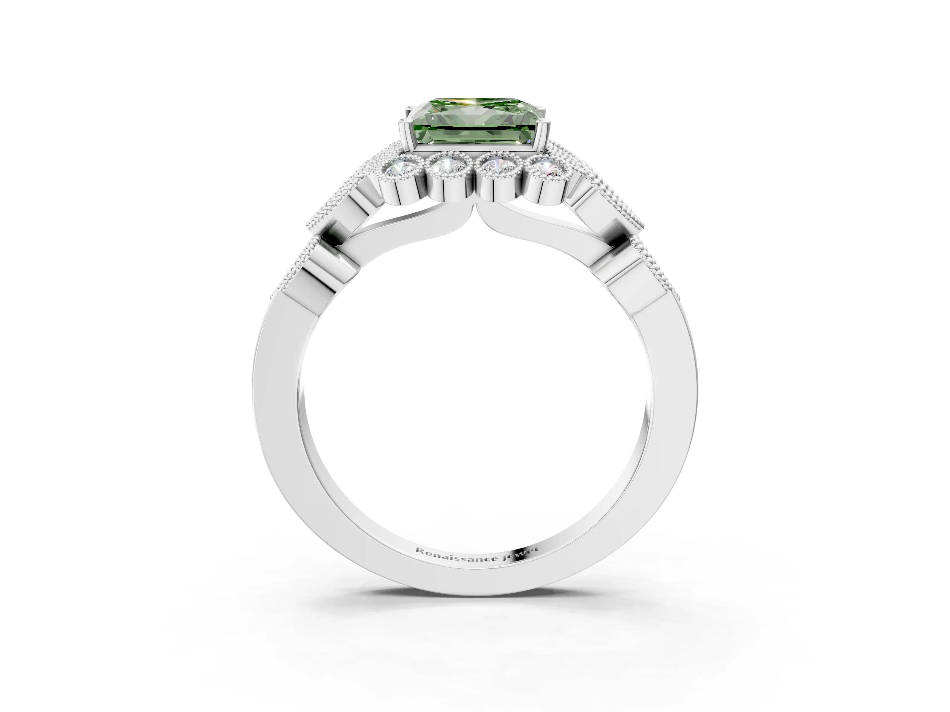 White gold Fancy Green Princess Cut Brilliant Milgrain Pave Heart Band Solitaire Ring_3