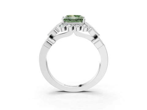 White gold Fancy Green Princess Cut Brilliant Milgrain Pave Heart Band Solitaire Ring_3