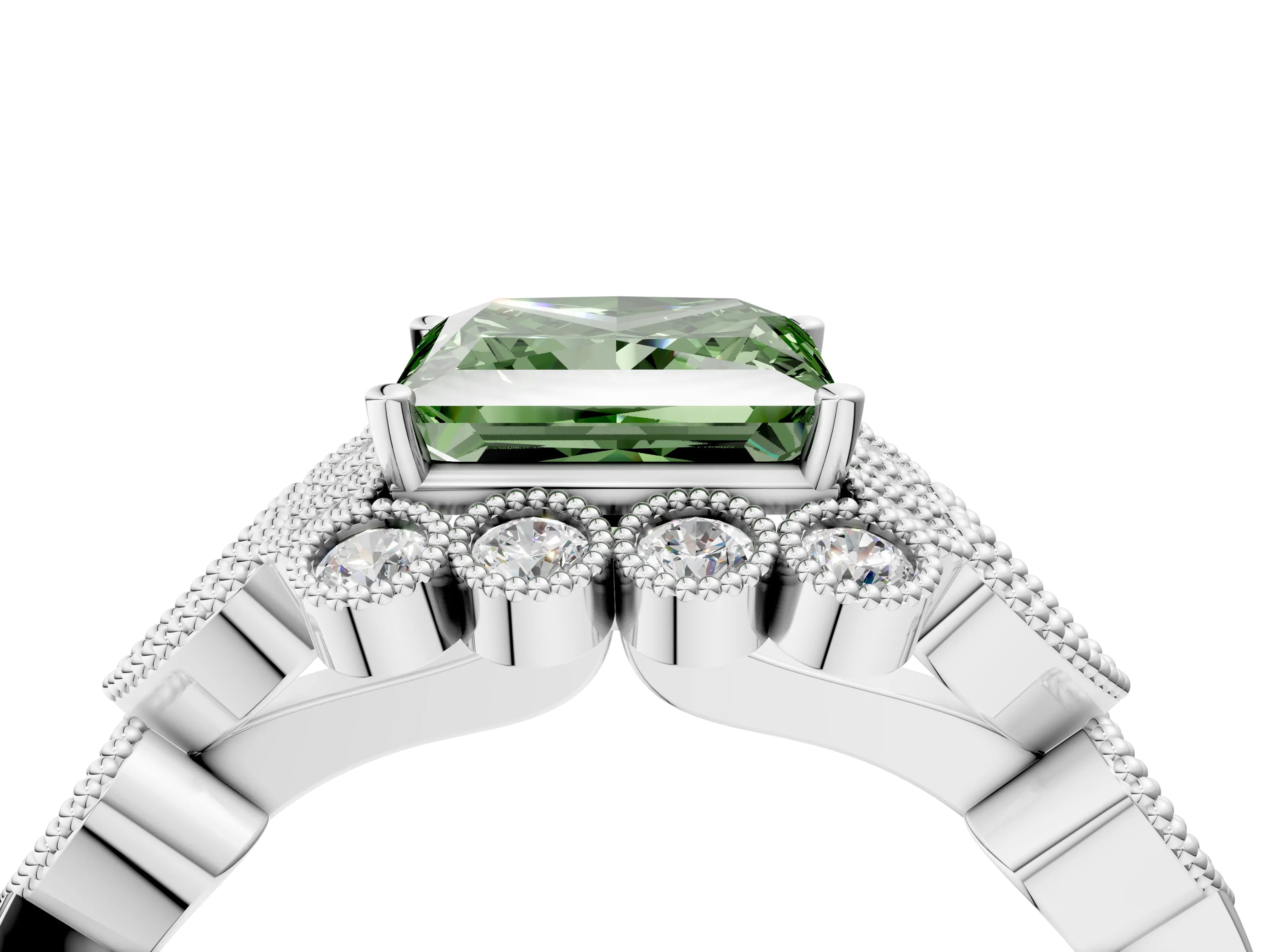 White gold Fancy Green Princess Cut Brilliant Milgrain Pave Heart Band Solitaire Ring_4