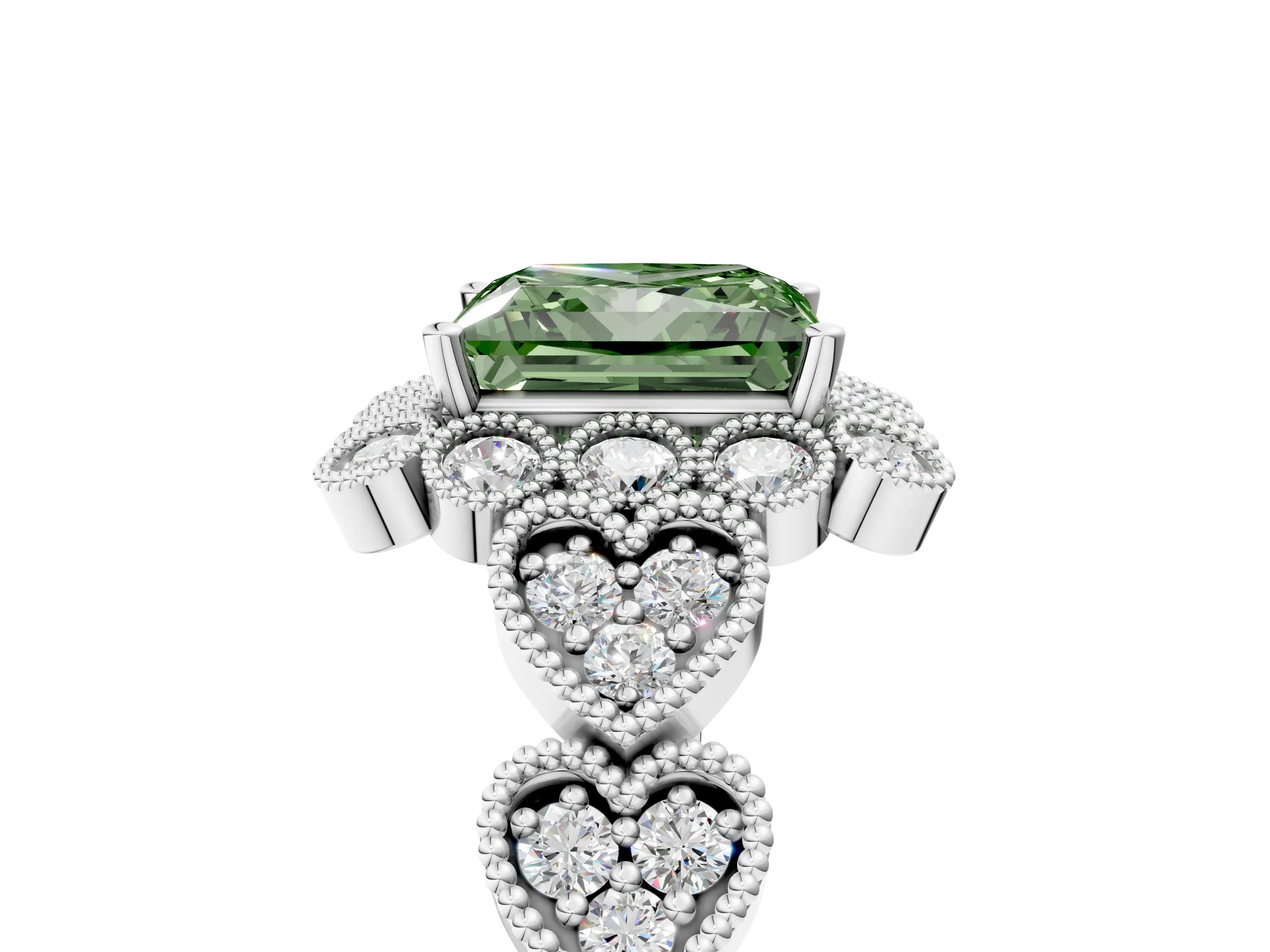 White gold Fancy Green Princess Cut Brilliant Milgrain Pave Heart Band Solitaire Ring_5