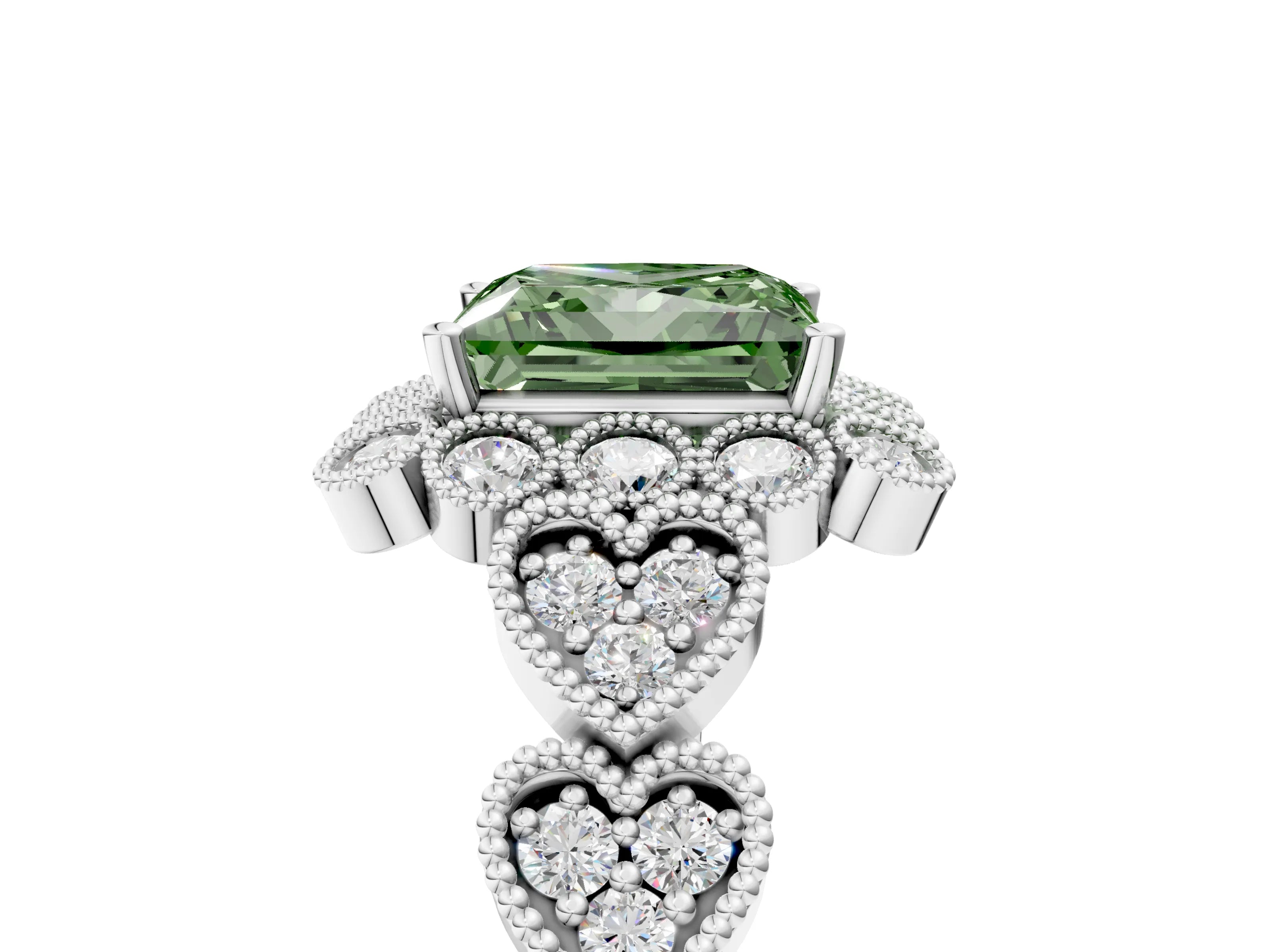 White gold Fancy Green Princess Cut Brilliant Milgrain Pave Heart Band Solitaire Ring_5