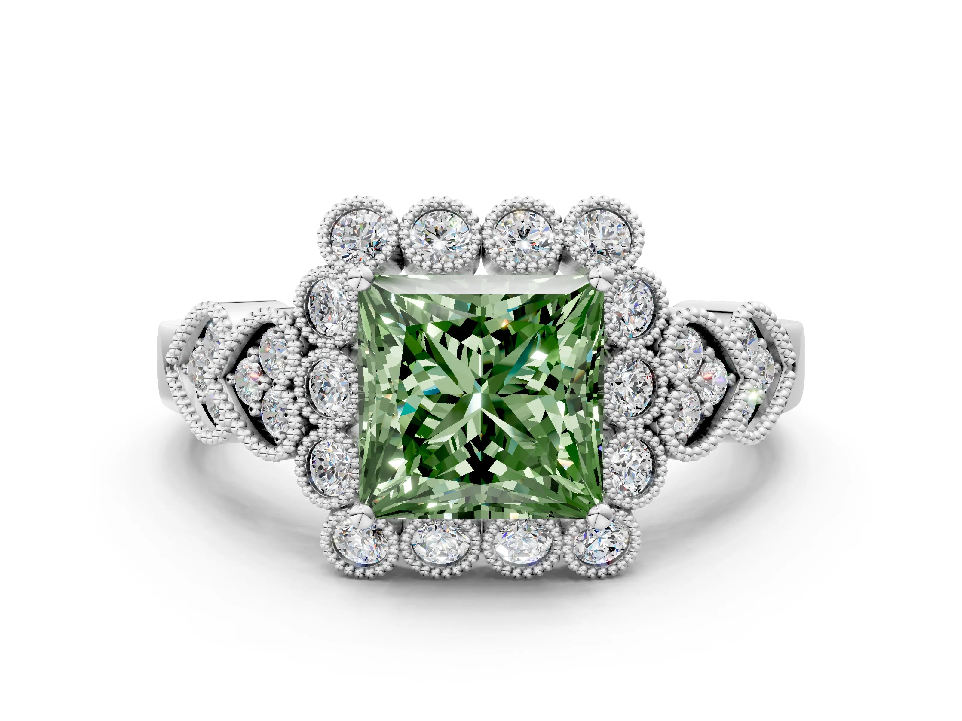 White gold Fancy Green Princess Cut Brilliant Milgrain Pave Heart Band Solitaire Ring