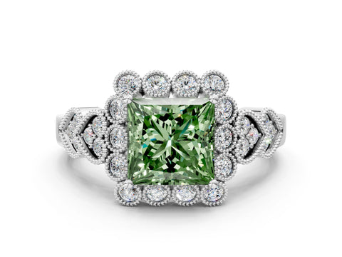 White gold Fancy Green Princess Cut Brilliant Milgrain Pave Heart Band Solitaire Ring